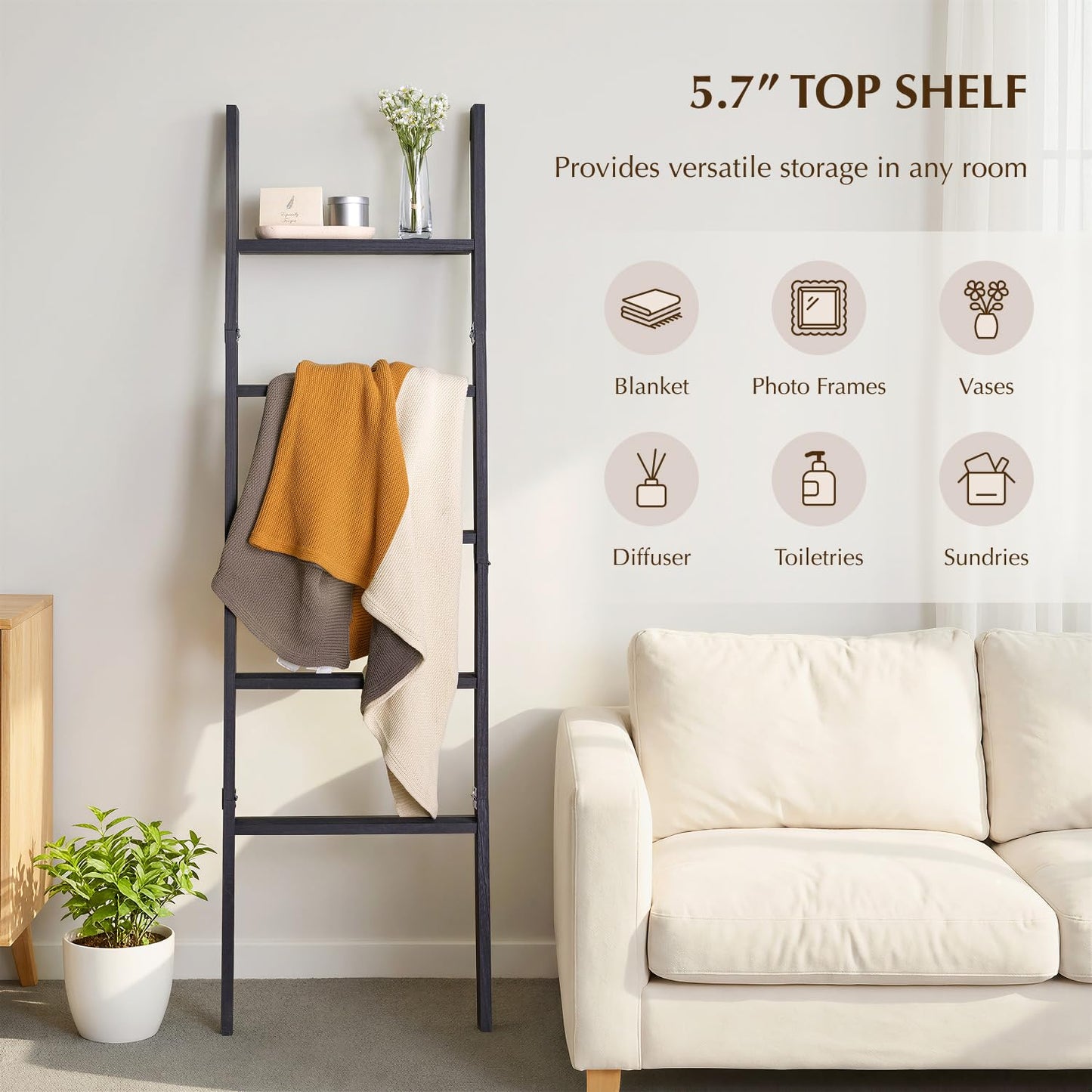 KOSKOG Blanket Ladder with Top Shelf, 5-Tier Wood 64” Decorative Ladder for Living Room Throws, Bedroom Quilt, Bathroom Towel & Toiletry Storage, Home Decor Stand (Black)