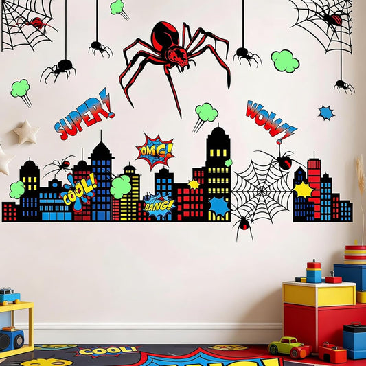 Spider Theme Wall Stickers - Removable Spider Web & Cityscape Wall Decals for Boys Bedroom, Playroom, Living Room