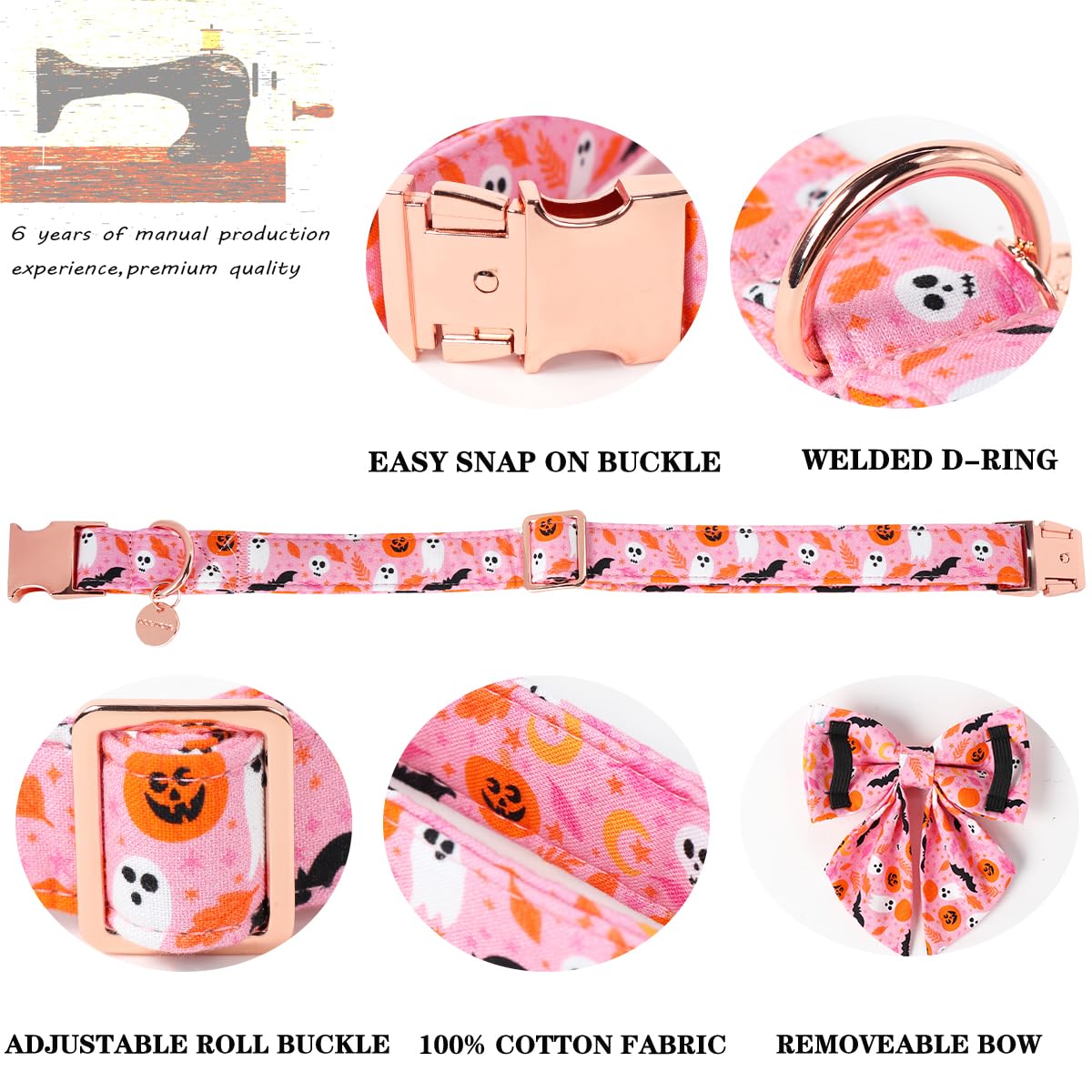 DOGWONG Halloween Dog Collar - Pink Fall Bowtie, Ghost Design, Comfortable & Adjustable for Medium & Large Dogs