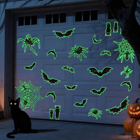 Whaline 25Pcs Halloween Garage Decoration Magnet Stickers Luminous Bat Spider Web Garage Door Decals Scary Magnet Refrigerator Stickers for Halloween Party Home Car Garage Door Decorations
