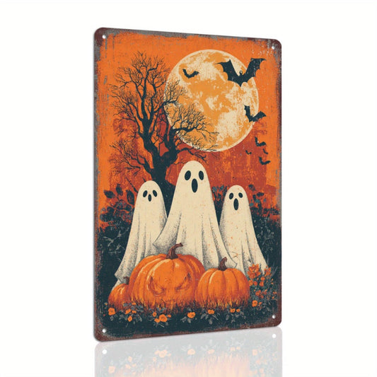 Halloween Three Ghosts Full Moon Pumpkin Spooky Retro Metal Tin Sign Wall Art Decor for Home Farmhouse Front Door Halloween Party Indoor Outdoor 8x12 Inch