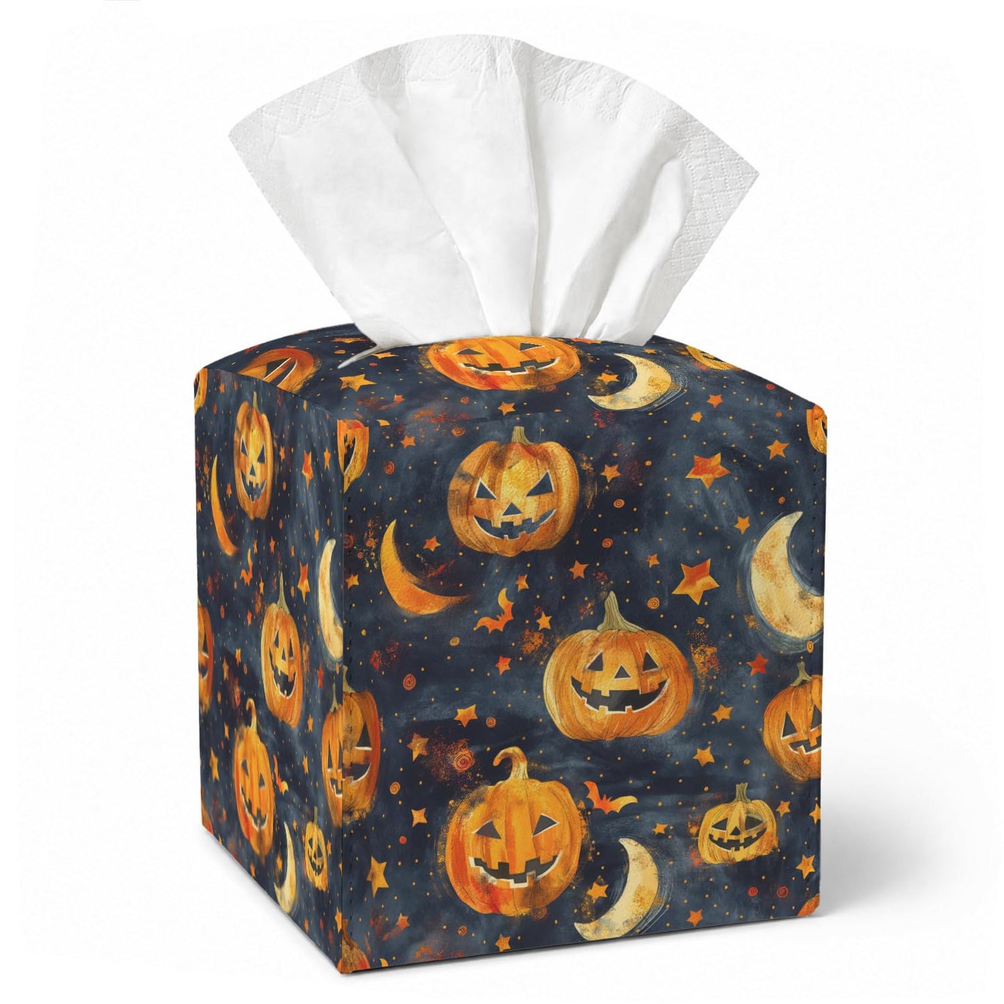 Halloween Pumpkin Tissue Box Covers Square, Leather Tissue Box Cover Decorative for Home Office Bathroom, Spooky Pumpkin Square Facial Paper Organizer Halloween Home Decor - 044