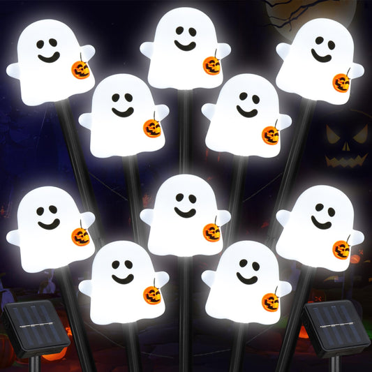 BRIGHTDECK Solar Halloween Ghost Pathway Lights, 10 Pack Ghost Stake Lights with Pumpkin Design, Durable Waterproof Outdoor Halloween Decoration for Garden, Walkway, and Yard (Cold White)