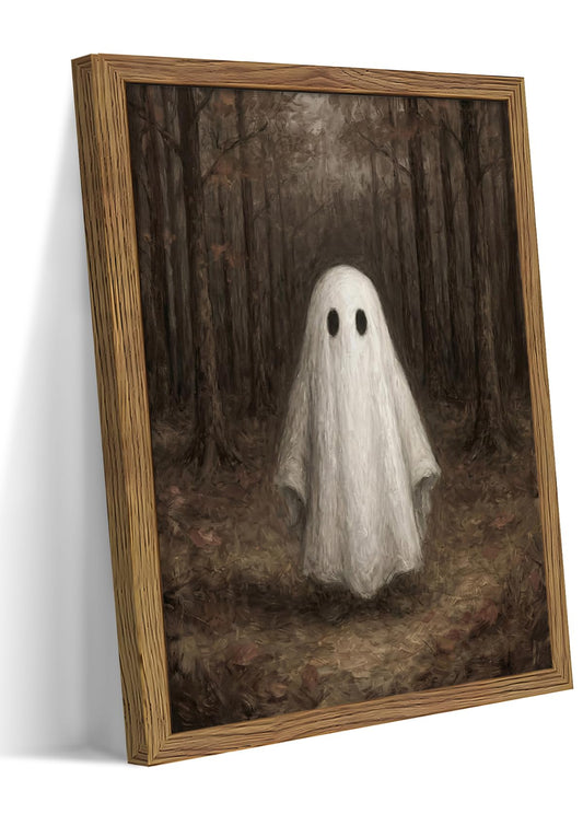 Vintage Ghost Halloween Wall Art, Country Cute Ghost Pictures Paintings, Spooky Forest Landscape Canvas Wall Decor, Retro Farmhouse Aesthetic Posters Prints for Living Room Bedroom 8x10 Inch Framed