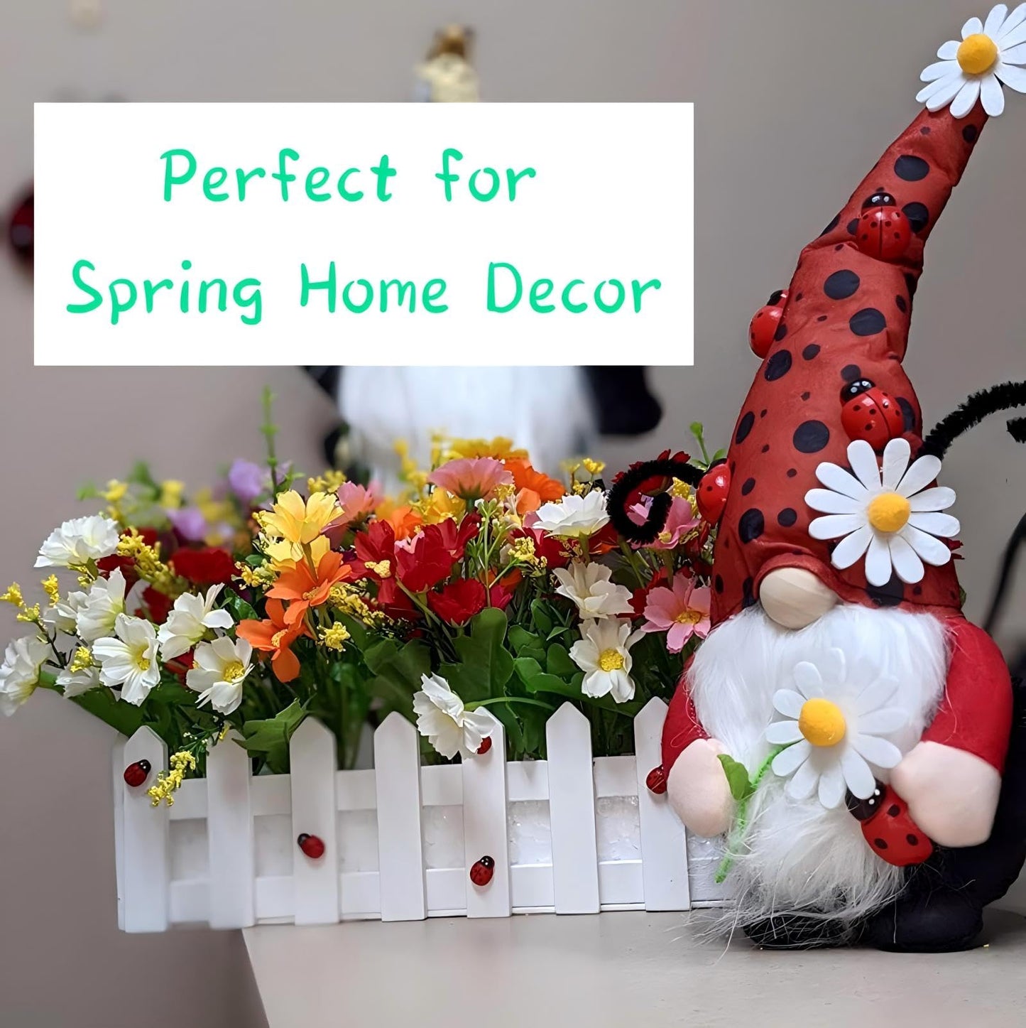 Gwindrise Small Ladybug Gnome Plush, Spring Summer Home Decor, Red Polka Dot Hat with Daisies, White Beard, Ideal Kitchen or Tiered Tray Summer Display
