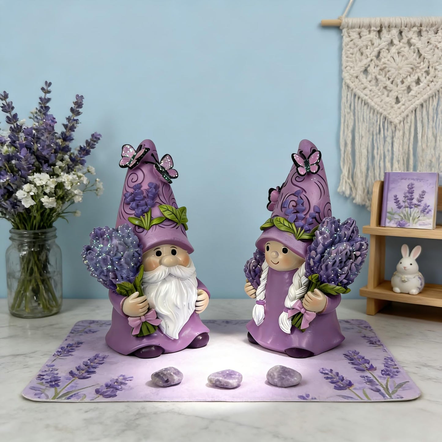 HOHIN Lavender Dream Gnome Set, Spring Purple Swedish Tomte Elf Dwarf Figurines Indoor Home Decor Gnomes for Summer Display & Gift (Dreamy Lavender 2pcs1)