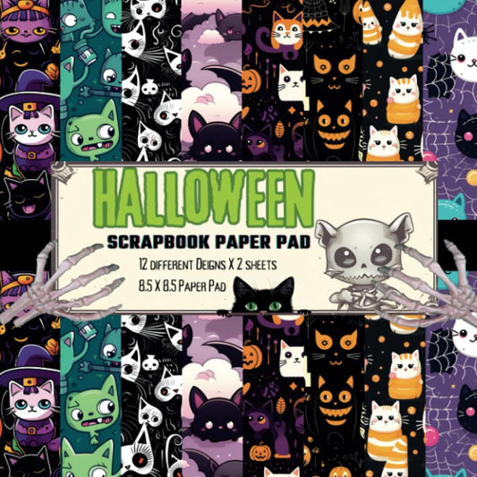 Halloween Scrapbook Paper Pad: Features of Various Decorative Craft Halloween Themed Scrapbooking Illustrations Such As Cute Cat Witches, Pumpkins, ... Skeleton, Spiders… Perfect For Origami & DIY