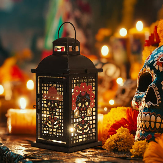 Day of The Dead Decorations, DECORKEY 13.4’’ Decorative Skull Women&Men Candle Lantern with 60" Lights(No Battery), Tabletop&Hanging Lantern for Indoor&Outdoor Yard Altar Table Party Halloween Decor