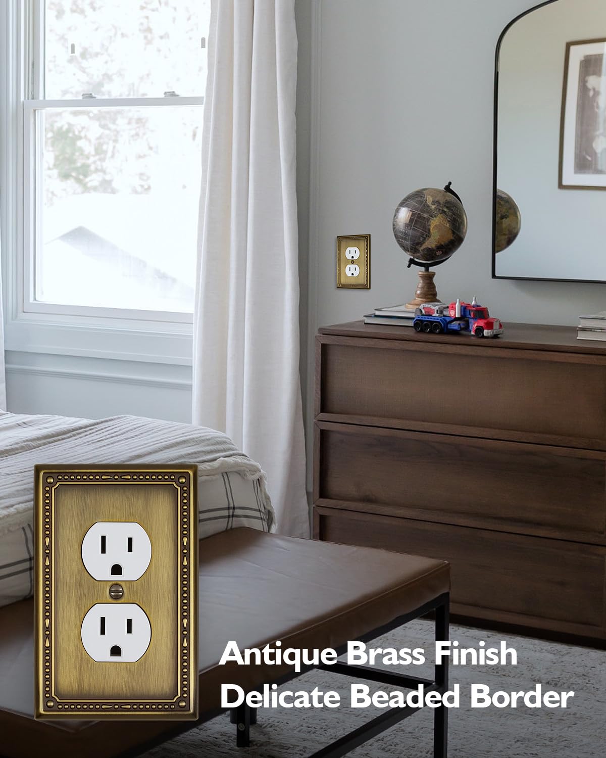 ZILLSEA 4-Pack Antique Brass Outlet Covers, Metal Duplex Wall Plates for Electrical Outlets, Light Switches, Decorative Pearl Design, 3.15''*4.88'', Midsize