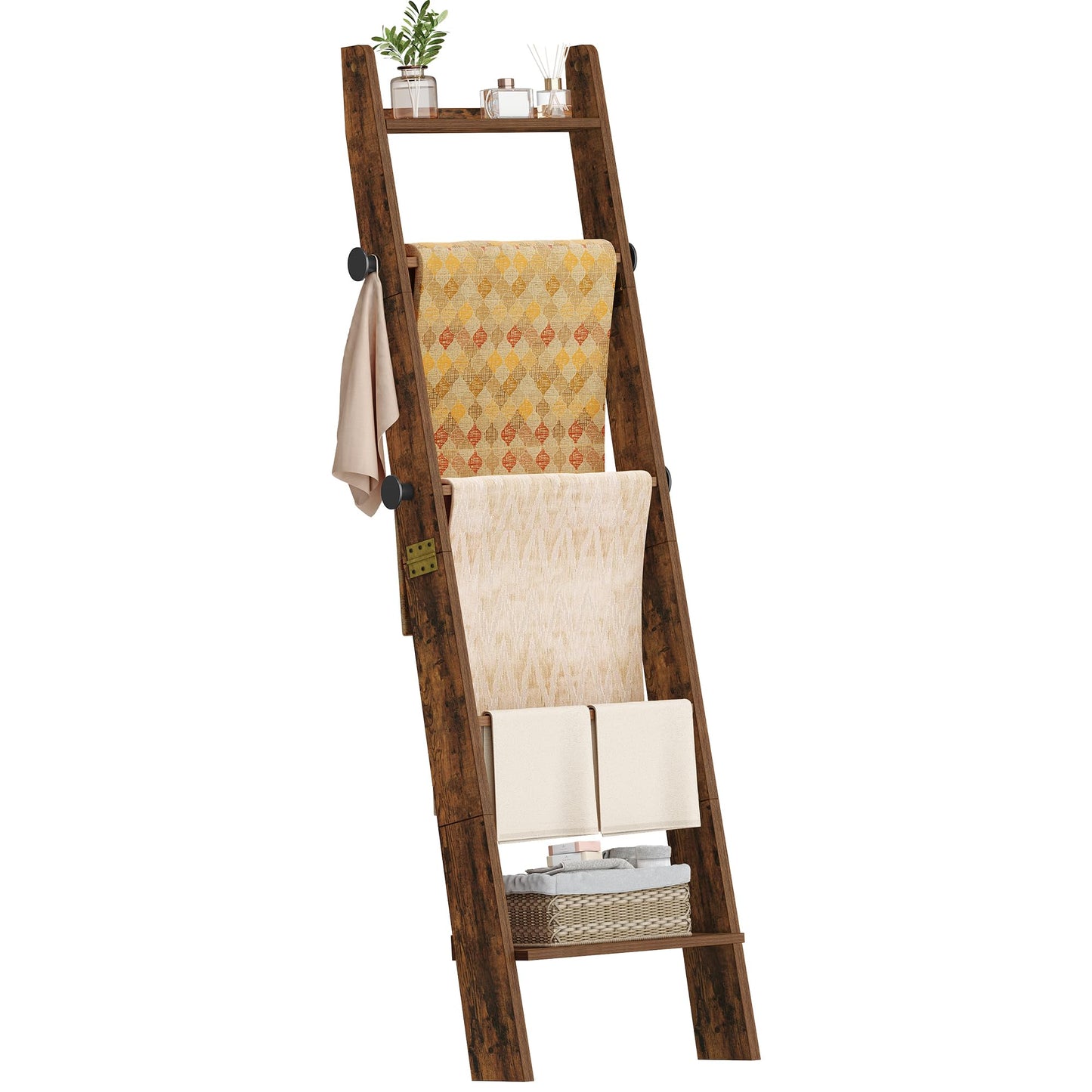 Hzuaneri Blanket Ladder for Living Room, Decorative Quilt Rack with 4 Removable Hooks, 5-Tier Blanket Ladder Shelf for Bedroom,Rustic Brown BR30501X