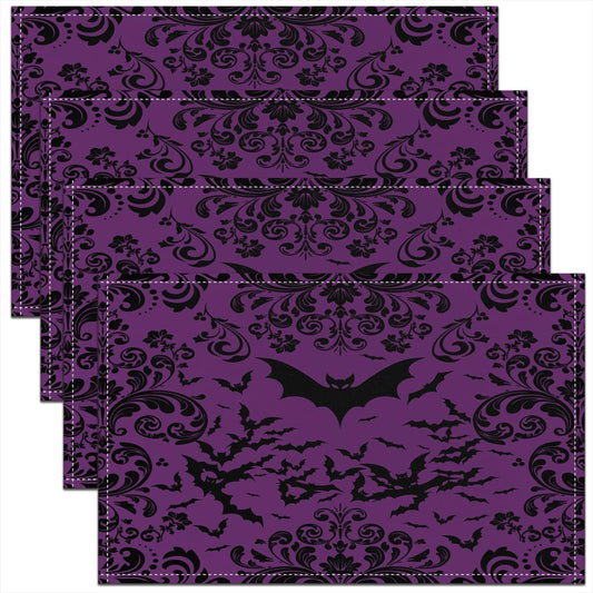 Erosebridal Bats Placemats 12x18 Inch, Damask Florals Vintage Waterproof Place Mats for Dining Table, Victorian Baroque Halloween Theme Table Mats, Purple Black Horror Animals Waterproof Placemats