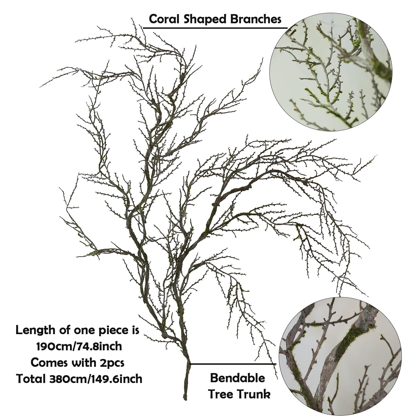 190cm/74.8inch Artificial Creepy Flexible Tree Branches Faux Grape Vines Garland Twigs with Moss Wood Craft for Halloween Door Wall Hanging Haunted Mansion Theme Outdoor Mantel Yules Decoration (2)