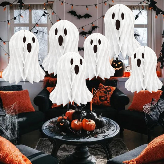 LUANTIANPAI Halloween Ghost Honeycomb Hanging Decorations 6 Pcs White Table Centerpiece Paper Hanging Ornaments Halloween Party Window Spooky Haunted House Desk Decor