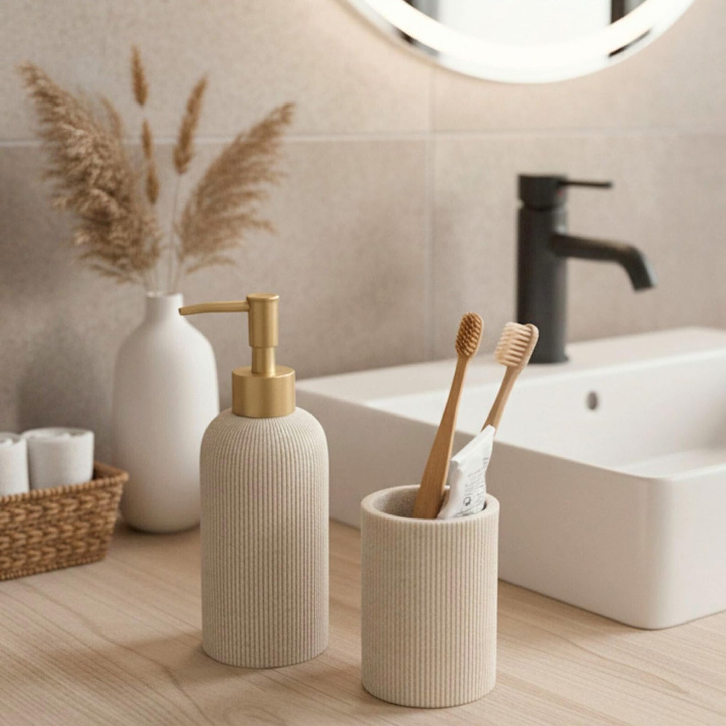 Sand Beige Hand Soap Dispenser with Matte Gold Pump, 7 oz