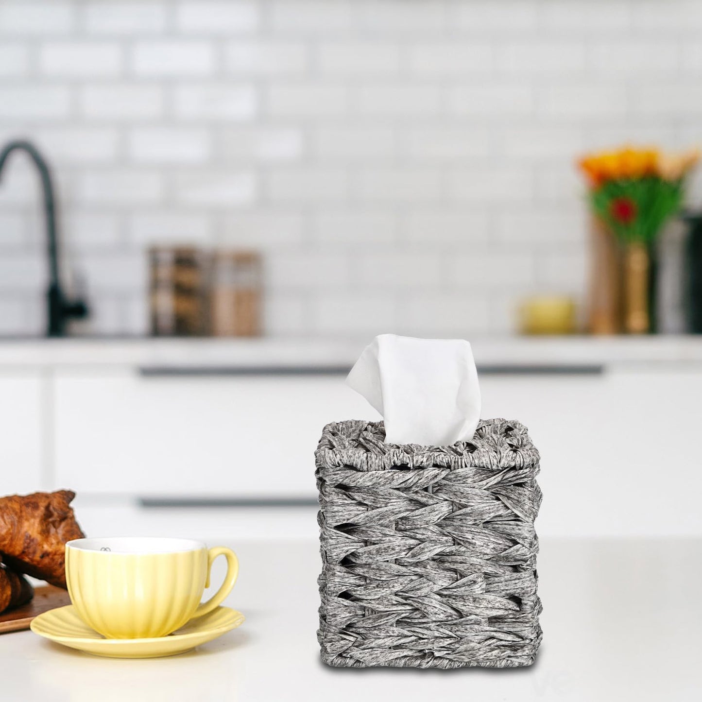 Sumnacon Wicker Tissue Box Cover, Square Tissue Box Holder, Hand Woven Facial Tissues Dispenser, Decorative Boho Tissue Box Organizer for Bathroom Bedroom Kitchen Office Table Desk Counter, Grey