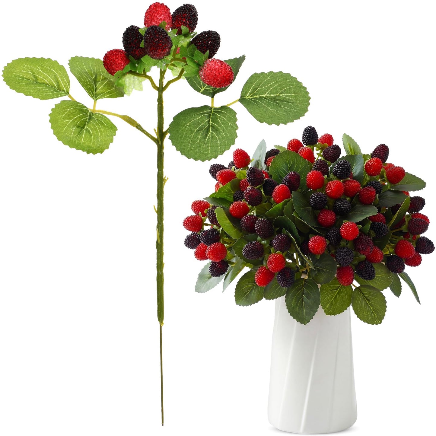 Hoteam 5 Pcs Artificial Raspberries Stems 11'' Fake Redberry Branches Faux Fruit Black Berry Picks for Home Kitchen Decor Floral Arrangements and Holiday Table Centerpieces (Red with Black)