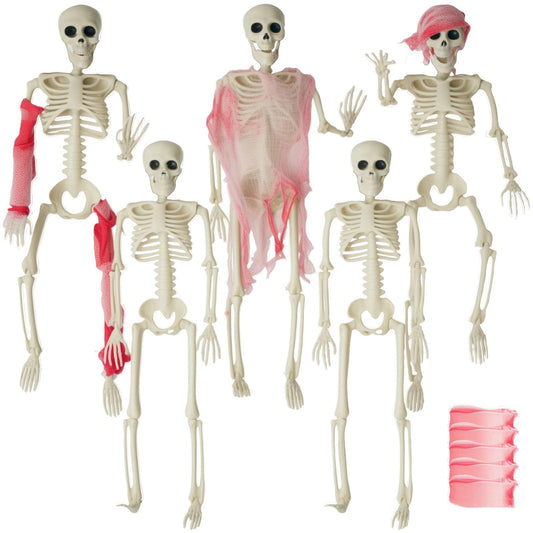 ZONESTA 5PCS Halloween Skeleton, Hangable 16 inches Swing All Body Joints, with DIY Horror Blood Cloth, Halloween Decorations, Horror Cemetery/Haunted House/Secret Room Decoration Accessories