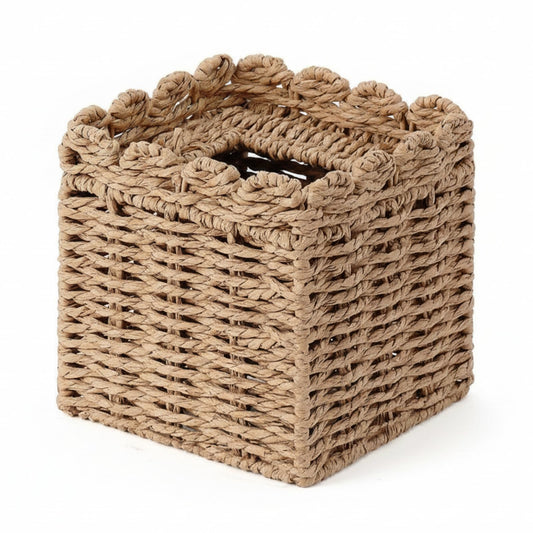 Chengu Scallop Tissue Box Cover, 5.9 Inch Paper Rope Rattan Square Boho Decorative, Woven Facial Tissue Holder, Creative Desktop Storage Ornament for Living Room, Bathroom, Toilet and Study