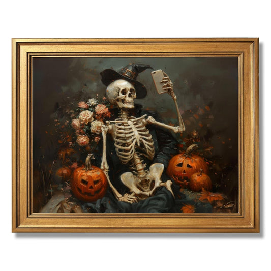 Framed Skeleton Selfie Halloween Poster Retro Dark Humor Wall Art Vintage Spooky Victorian Gothic Pumpkins and Flowers Canvas Print Rustic Wall Decor Aesthetics for Gallery Bedroom 8x12inch