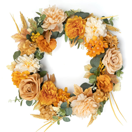 Artificial Silk Flower Wreath for Front Door, 22" Orange Champagne & Earth Peony Rose Wreath, Wall Hanging Decor for Home Wedding Christmas New Year Party Winter Spring Door Decor & Gift (Wrist Gold)