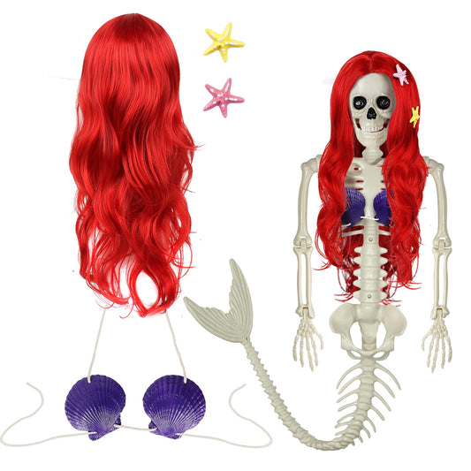 YIBOBO 4Pcs Halloween Decoration Set for Mermaid Skeleton, Life Size Mermaid Decor Include Red Wig with 2 Starfish Hair Clips and Seashell Bra with Cord for Women Halloween, Not Include Skeleton (red)