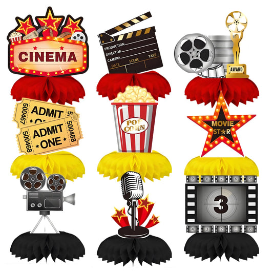 Oiuyamn 9Pcs Movie Night Party Honeycomb Centerpieces Decorations, 3D Movie Theme Birthday Table Topper, Hollywood Party Decor