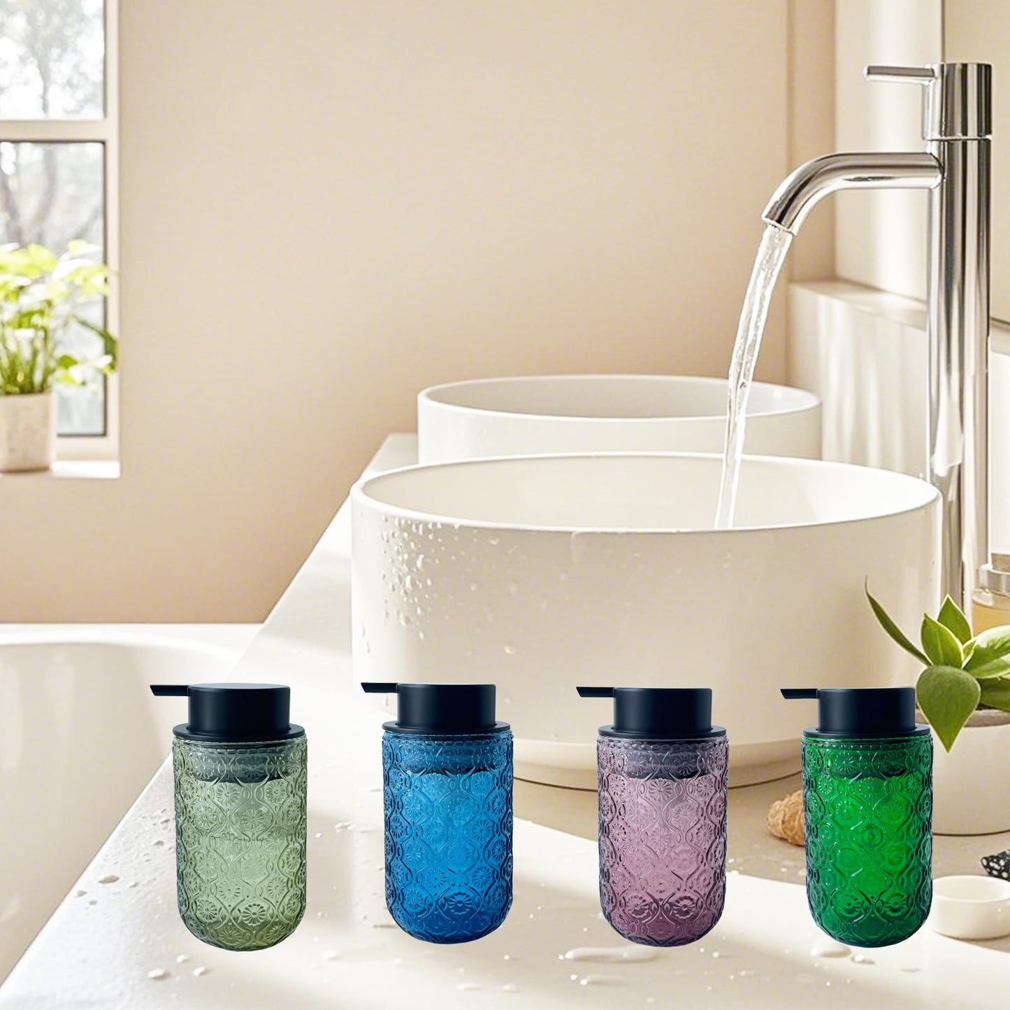 Birugen Foaming Hand Soap Dispenser,Vintage Glass Soap and Lotion Dispenser for Bathroom,Kitchen Dish Soap Dispenser with Black Foam Pump (Light Green Begonia Flower+Black Lid)