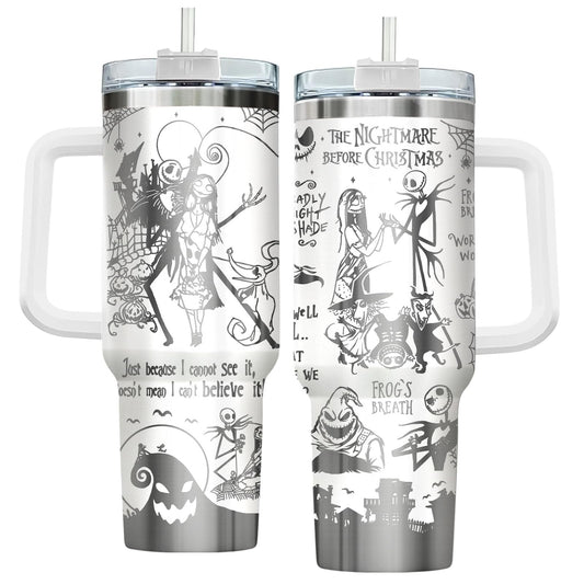 fat mummy Spooky Christmas Tumbler – 40 oz Laser Stainless Steel Mug with Handle – Nightmare Halloween Movie Cup Gifts for Fans of Dark Romance, Birthdays & Holidays