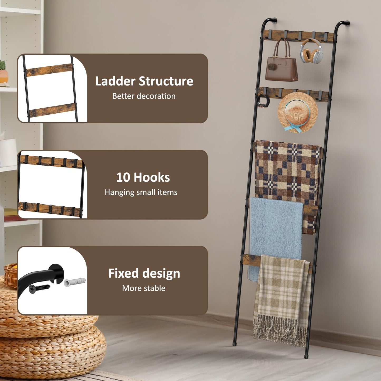 Blanket Ladders for the Living Room 5 Tier Towel Ladder for Bathroom with 10 Removable Hooks Wall Leaning Quilt Rack for Bedroom Display Rustic Farmhouse Home Decor, Rustic Brown