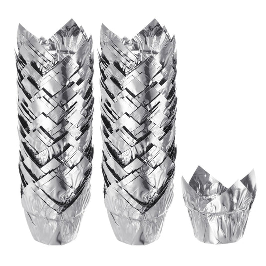 HARFINGTON 100Pcs Tulip Cupcake Liners Standard Aluminum Foil Baking Cups Greaseproof Wrappers Disposable for Birthday Banquets Party, Silver Tone