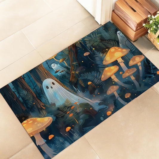 amepay Cute Ghost Indoor Door Mat – Stylish 17x29.5in Non-Woven Fabric Floor Doormat with Mushroom Forest Design, for Porch Insider,Bedroom,Living Room – Halloween Festival Gothic Decor Rug Gifts