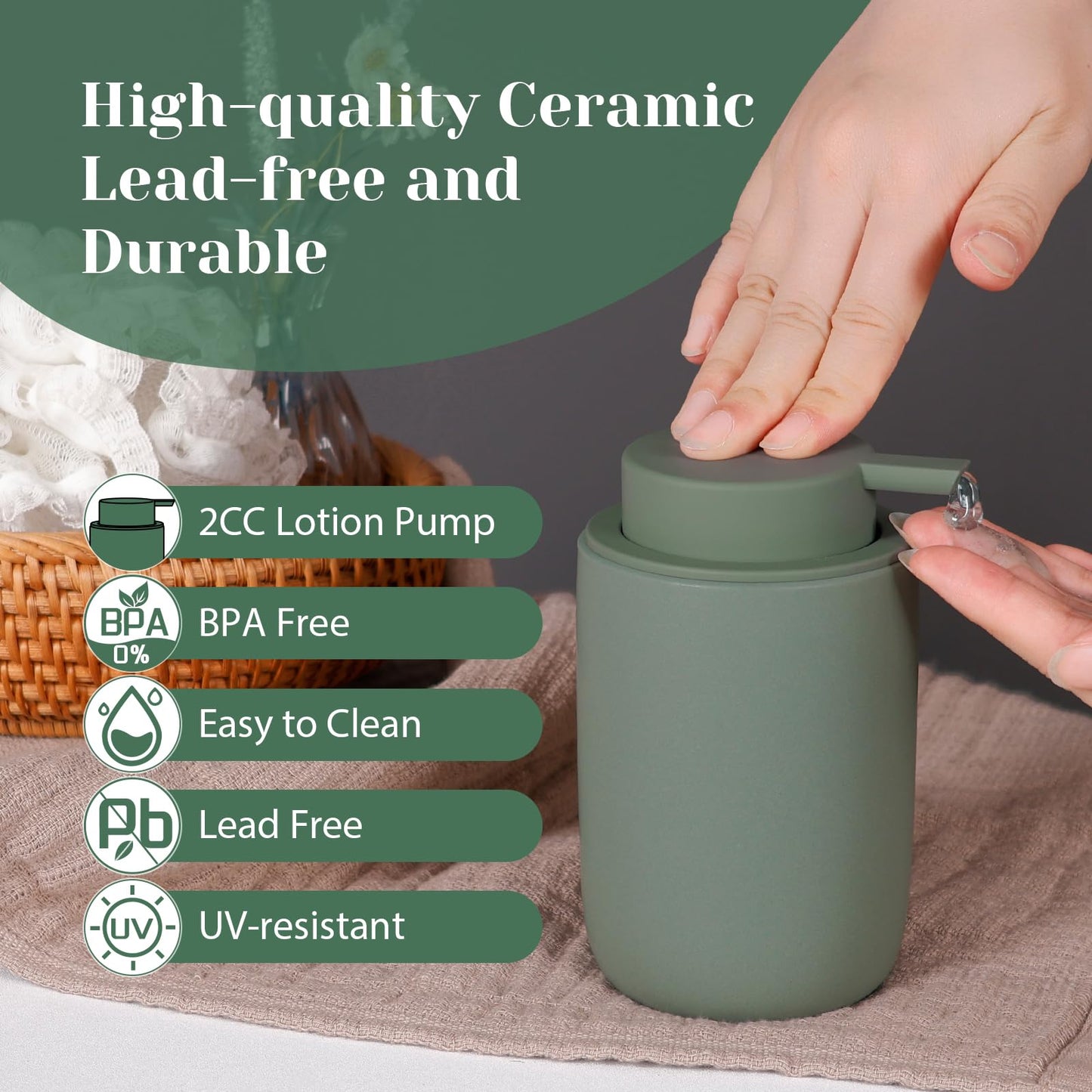 INGOFIN Ceramic Lotion Soap Dispenser Set, 2 Pack (12 oz) Bathroom Hand Soap Dispenser with Pump, Liquid Hand and Dish Soap Dispenser Set, 8 Pcs Clear Stickers, for Kitchen Bathroom-Matte Green