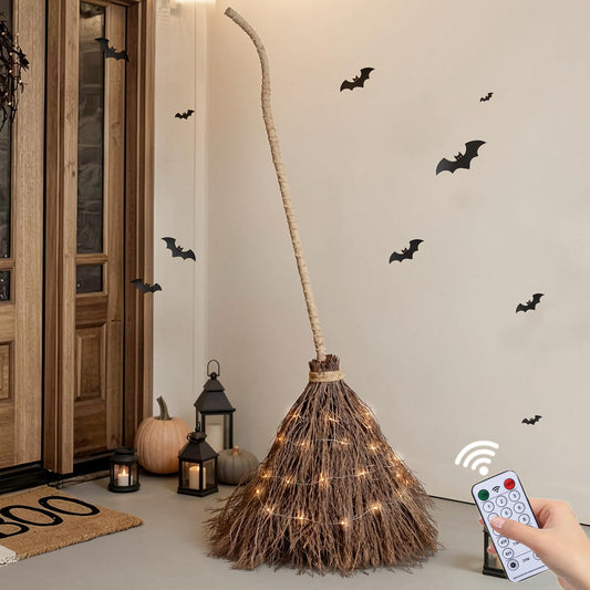 Halloween Decorations - Fall Decor - 6FT Giant Lighted Witch Broom, Handmade Real Twig Witches Broom with String Lights, Rustic Indoor Outdoor Halloween Decor for Porch, Yard, Front Door