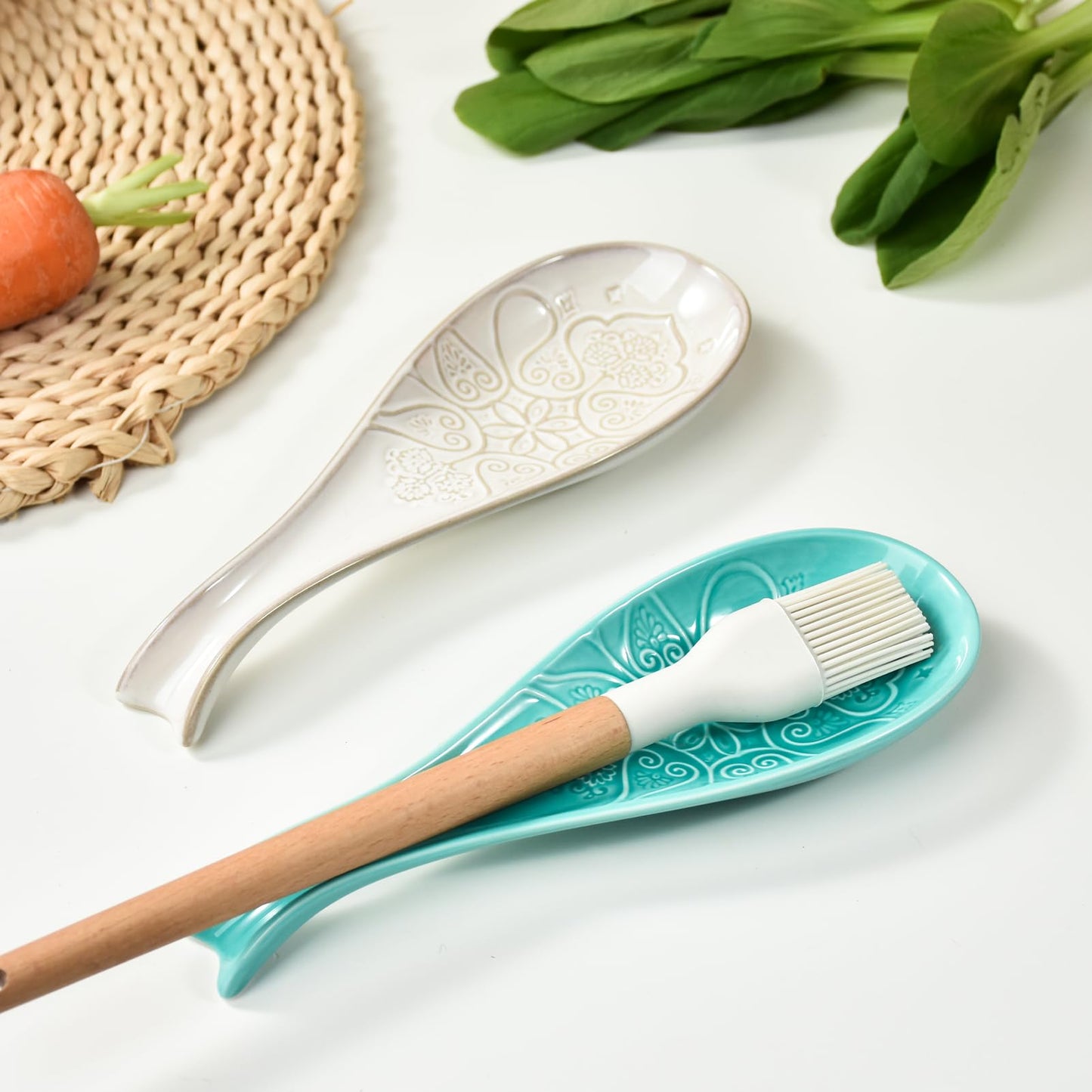 Ceramic Spoon Rest for Stove Top, Spoon Holder, Spoon Rest for Kitchen Counter, Utensil Rest for Spatula & Tong, Kitchen Decor and Accessories （Turquoise）