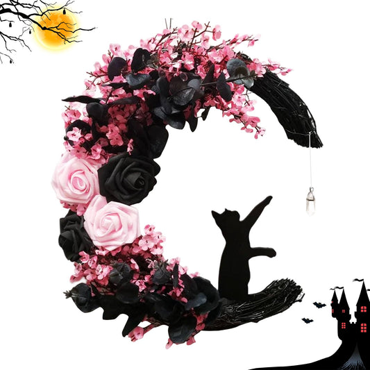 GLLBTPT Halloween Black Moon Cat Wreath Signs for Front Door with Lights,Handcrafted Halloween Horror Wreath for Indoor Outdoor Party Window Wall Decor Farmhouse Garland Yard (Design G)
