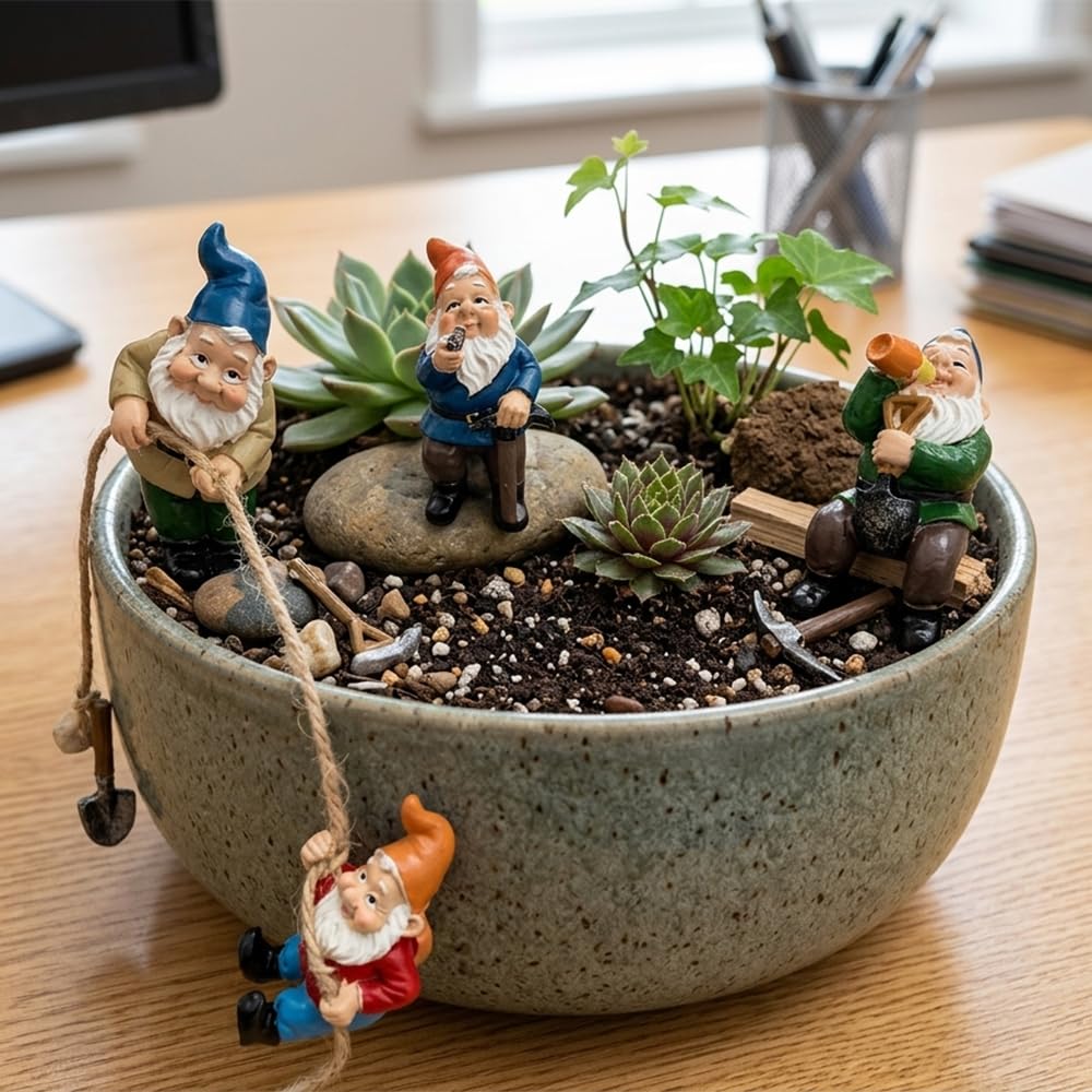 OJTNELDT Garden Gnome Figurines Set of 4, Resin Fairy Garden Gnomes with Rope, Funny Outdoor Plant Pot Decorations for Succulents, Terrariums, Miniature Garden, Patio & Indoor Planters