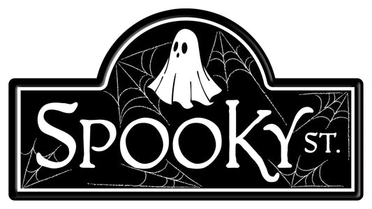 Craig Bachman "Spooky Street" Halloween Sign with Ghosts and Spiders, 15"L x 8"H, Black, White, Embossed Metal - For Wreath Accents, Crafts, and Decorations