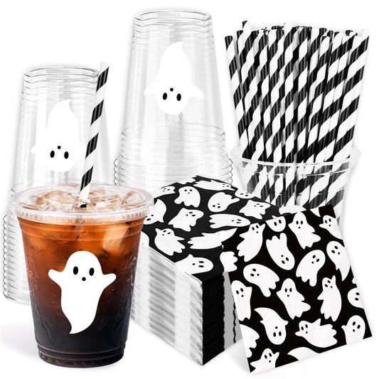 JarThenaAMCS Halloween Tableware Set Ghost Paper Napkins Disposable Plastic Cups with Lids and Straws for 50 Guests Holiday Party Supplies Table Decor