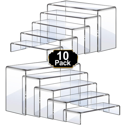 Aheroi Large Acrylic Risers, 10 Pcs 2 Set(7”L~8”L~9”L) Riser Display Shelf, Clear Rectangular Display Stands Set, Transparent Shelves for Decor, Showcase Holder for Cupcake