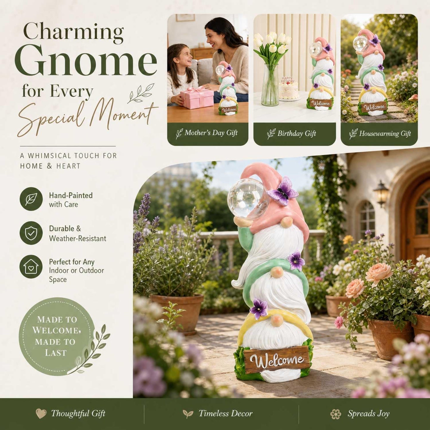 Large Garden Gnome Statues Solar Lights, Waterproof Outdoor 3 Stacked Spring Gnomes Sculptures Gifts Idea for Birthday Mother Father Day Christmas Thanksgiving 12 Inch Welcome Sign Porch Decor