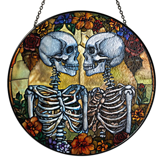 7.8" Skeleton Couple Stained Glass Suncatchers, Gifts for Women Men Wife Husband Hanging Indoor Window, Decorative Halloween Valentine Skeleton Lovers Kissing ART-01E-SG8