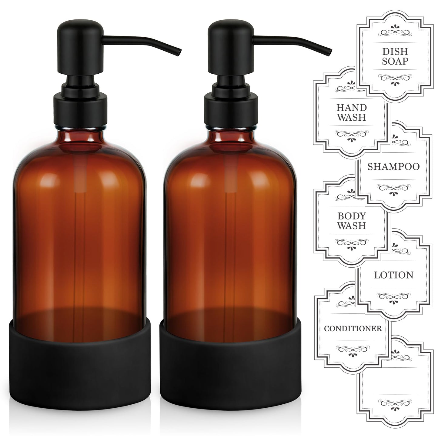 Homepicker 16 oz Hand and Dish Soap Dispenser Set for Kitchen and Bathroom, 500ml Amber Glass Soap Dispenser with Stainless Steel Pump, Non-Slip Silicone Sleeves, Labels - 2 Pack