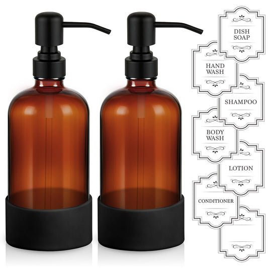 Homepicker 16 oz Hand and Dish Soap Dispenser Set for Kitchen and Bathroom, 500ml Amber Glass Soap Dispenser with Stainless Steel Pump, Non-Slip Silicone Sleeves, Labels - 2 Pack