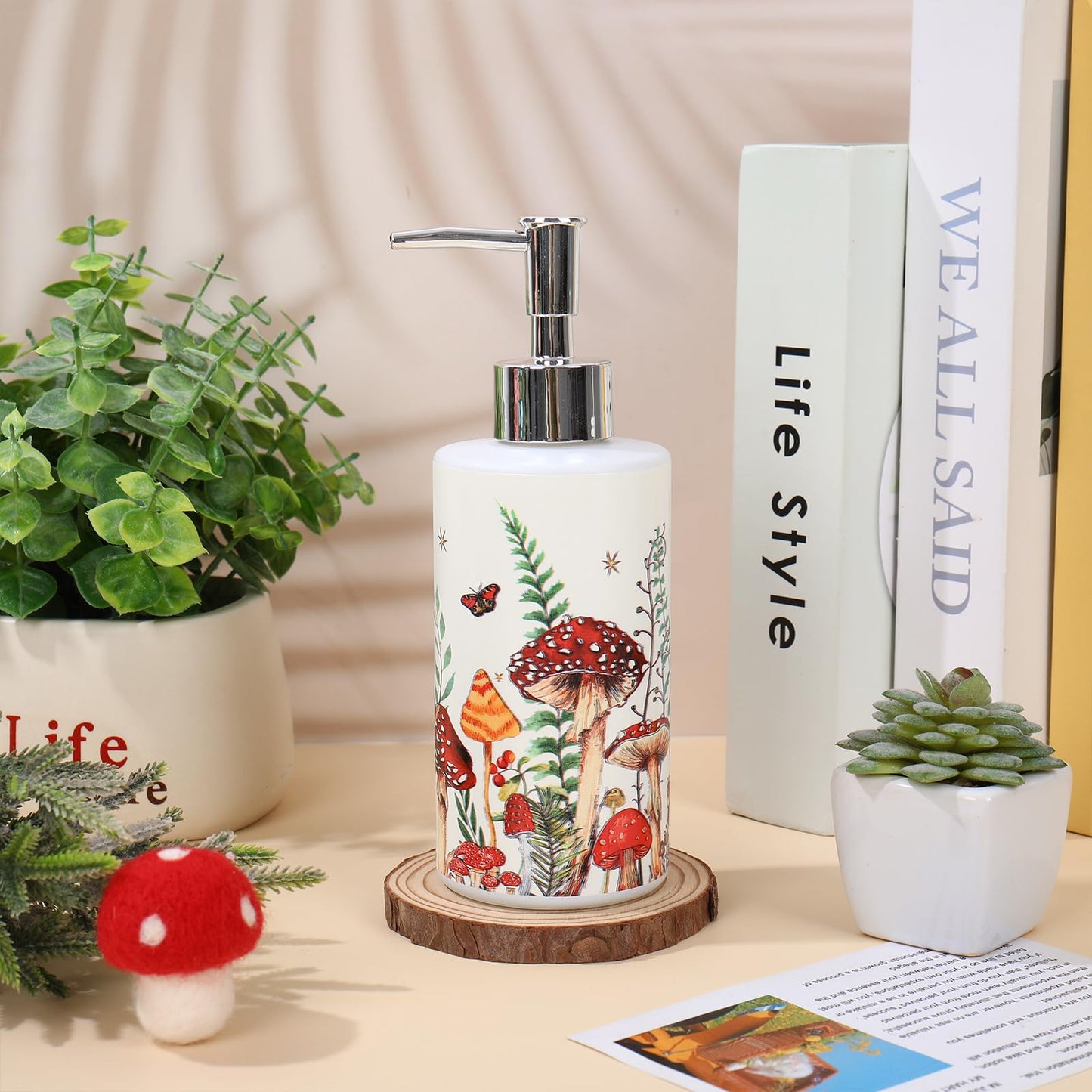 JarThenaAMCS Mushroom Soap Dispenser Glass Dispenser with Pump Refillable Mushroom Butterfly Moon Star Liquid Soap Container for Home Kitchen Bathroom Countertop
