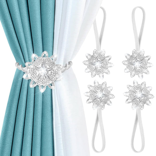 AULEEP Magnetic Curtain Tiebacks, 4 Pack Magnetic Decorative Drapes Curtain Clips Buckle, Flower Curtain Tie Back, European and American Style (Silver)