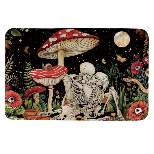 EXUQO Hippie Skeleton Door Mat,Groovy Mushroom Skull Welcome Mat Indoor Entrance for Home Living Room Bedroom Bars Cafe Porch,28x18 Inch