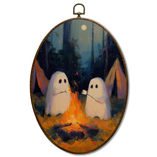 JQF Gothic Camping Ghosts Oval Wall Decor, Dark Academia Cottagecore Forest Oval Canvas Wall Art, Moody Whimsigoth Spooky Framed Prints Hanging Decor for Home Bedroom Living Room, 8.5x11.5 Inch