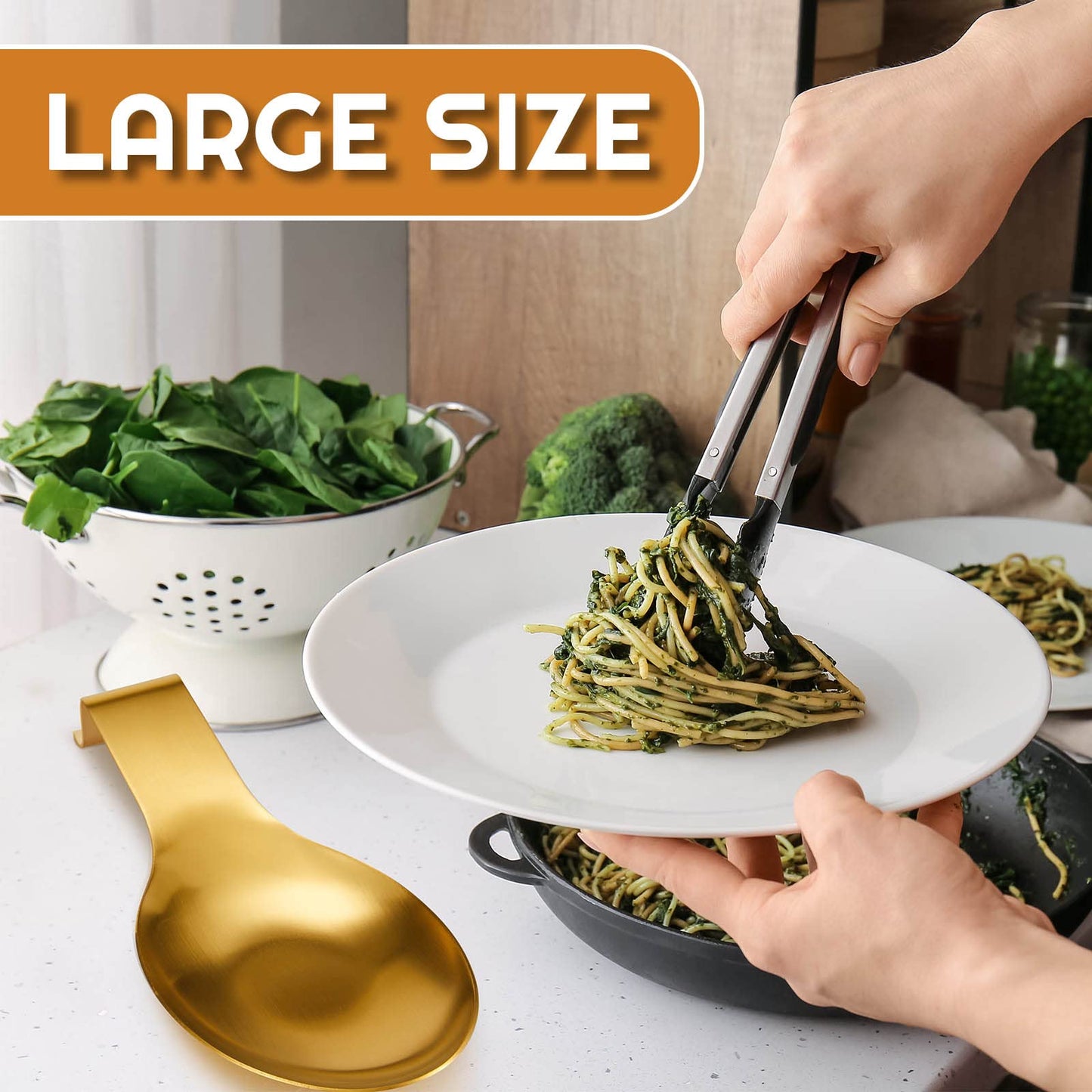 Nuanchu 6 Pcs Stainless Steel Spoon Rest Large Size Spatula Ladle Holder Spoon for Stove Top Heavy Duty Countertop Spatula Holder Dishwasher Safe Utensil Rest for Kitchen, 3.8 x 9.6" (Gold)