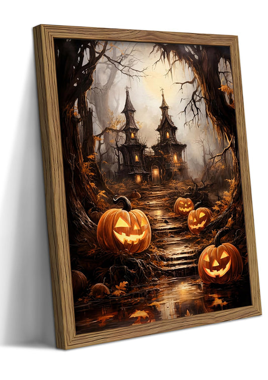 Framed Vintage Halloween Wall Art - Spooky Haunted House Canvas Print, Gothic Halloween Wall Decor, Fall Pumpkin Picture Painting for Living Room Bedroom Home, 12x16in Wood Frame