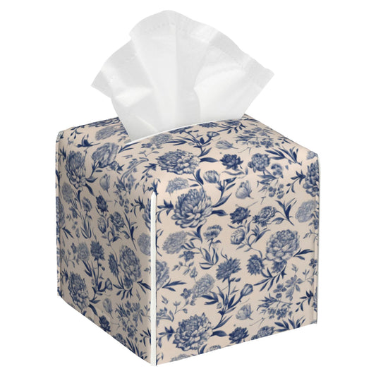 Tissue Box Cover Square, Vintage Blue Floral Leather Tissue Box Cover Decorative Facial Paper Organizer Dispenser for Bathroom Kitchen Bedroom Vanity Countertop Night Stands